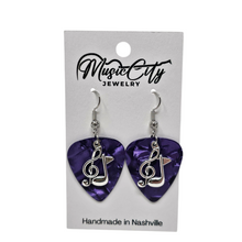 Load image into Gallery viewer, Guitar Pick Earrings – Choose Your Color – Handmade Nashville Music City Jewelry – Treble Clef &amp; Music Note Charm

