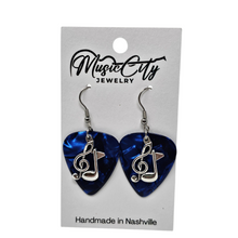 Load image into Gallery viewer, Guitar Pick Earrings – Choose Your Color – Handmade Nashville Music City Jewelry – Treble Clef &amp; Music Note Charm
