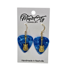 Load image into Gallery viewer, Handmade Guitar Pick Earrings – Custom Color Picks – Gold Plated Hooks – Guitar Charm Music Jewelry
