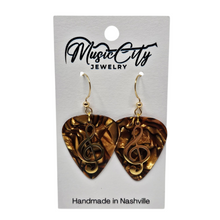 Load image into Gallery viewer, Handmade Guitar Pick Earrings – Custom Color Picks – Gold Plated Hooks – Treble Clef Charm Music Jewelry
