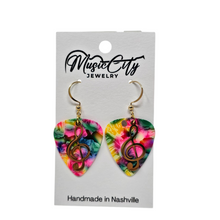 Load image into Gallery viewer, Handmade Guitar Pick Earrings – Custom Color Picks – Gold Plated Hooks – Treble Clef Charm Music Jewelry
