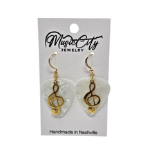 Load image into Gallery viewer, Handmade Guitar Pick Earrings – Custom Color Picks – Gold Plated Hooks – Treble Clef Charm Music Jewelry
