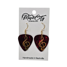 Load image into Gallery viewer, Handmade Guitar Pick Earrings – Custom Color Picks – Gold Plated Hooks – Treble Clef Charm Music Jewelry
