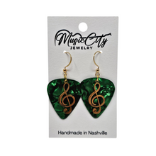 Load image into Gallery viewer, Handmade Guitar Pick Earrings – Custom Color Picks – Gold Plated Hooks – Treble Clef Charm Music Jewelry
