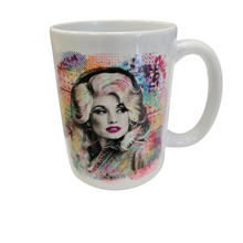 Load image into Gallery viewer, Dolly Parton Inspired Mug – Watercolor Portrait Coffee Mug, 15 oz Ceramic, Country Music Gift, Double-Sided Print
