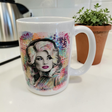 Load image into Gallery viewer, Dolly Parton Inspired Mug – Watercolor Portrait Coffee Mug, 15 oz Ceramic, Country Music Gift, Double-Sided Print

