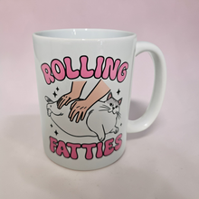 Load image into Gallery viewer, Funny Cat Mug – “Rolling Fatties” – Chubby Cat Humor Coffee Mug, 15 oz Ceramic, Double-Sided Print
