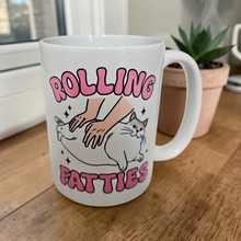Load image into Gallery viewer, Funny Cat Mug – “Rolling Fatties” – Chubby Cat Humor Coffee Mug, 15 oz Ceramic, Double-Sided Print
