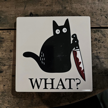 Load image into Gallery viewer, Black Cat “What” Ceramic Coaster – Glossy Square with Cork Backing

