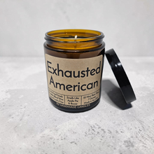 Load image into Gallery viewer, Funny Saying Candle – “Exhausted American” – Apple Pie &amp; Booze Scented Candle, 8 oz Amber Jar, Hand Poured in USA
