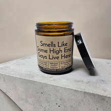 Load image into Gallery viewer, Funny Saying Candle – “Smells Like Some High End Gays Live Here” – Mahogany Coconut Scented Candle, 8 oz Amber Jar, Hand Poured
