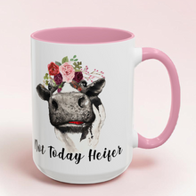 Load image into Gallery viewer, Funny Cow Mug – “Not Today Heifer” – Cute Cow with Flower Crown Coffee Mug, 15 oz Ceramic, Double-Sided Print
