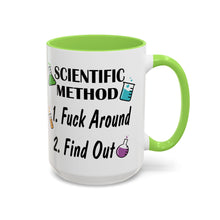 Load image into Gallery viewer, Funny Science Mug – “Scientific Method: Fuck Around &amp; Find Out” – Sarcastic Coffee Mug, 15 oz Ceramic, Double-Sided Print
