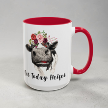 Load image into Gallery viewer, Funny Cow Mug – “Not Today Heifer” – Cute Cow with Flower Crown Coffee Mug, 15 oz Ceramic, Double-Sided Print
