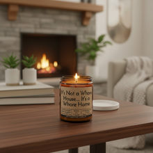 Load image into Gallery viewer, Funny Saying Candle – “It’s Not a Whore House… It’s a Whore Home” – Western Lace Scented Candle, 8 oz Amber Jar, Hand Poured
