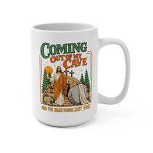 Load image into Gallery viewer, Funny Jesus Mug – “Coming Out of My Cave and I’ve Been Doing Just Fine” – Resurrection Humor Coffee Mug, 15 oz Ceramic, Double-Sided Print
