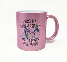 Load image into Gallery viewer, Metallic Coffee Mug – "Whatever Bitches" Unicorn Graphic, 11 oz
