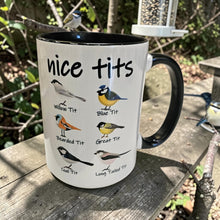 Load image into Gallery viewer, Funny Bird Mug – “Nice Tits” – Bird Pun Coffee Mug with Various Birds, 15 oz Ceramic, Double-Sided Print
