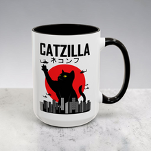 Load image into Gallery viewer, Catzilla Mug – Funny Cat Destroying City Coffee Mug – 15 oz Ceramic Mug – Cute Kaiju Cat Humor Cup
