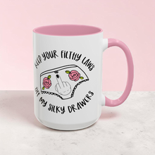 Load image into Gallery viewer, Pro Choice Feminist Mug – “Keep Your Filthy Paws Off My Silky Drawers” – Reproductive Rights Coffee Mug, 15 oz Ceramic, Double-Sided Print
