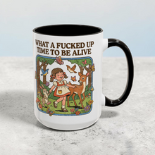 Load image into Gallery viewer, Funny Retro Mug – “What a F’d Up Time to Be Alive” – Vintage Girl Woodland Scene Coffee Mug, 15 oz Ceramic, Double-Sided Print
