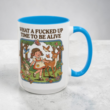 Load image into Gallery viewer, Funny Retro Mug – “What a F’d Up Time to Be Alive” – Vintage Girl Woodland Scene Coffee Mug, 15 oz Ceramic, Double-Sided Print
