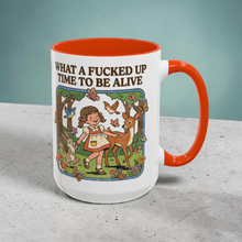 Load image into Gallery viewer, Funny Retro Mug – “What a F’d Up Time to Be Alive” – Vintage Girl Woodland Scene Coffee Mug, 15 oz Ceramic, Double-Sided Print
