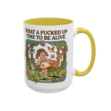 Load image into Gallery viewer, Funny Retro Mug – “What a F’d Up Time to Be Alive” – Vintage Girl Woodland Scene Coffee Mug, 15 oz Ceramic, Double-Sided Print
