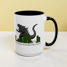 Load image into Gallery viewer, Funny Godzilla Parody Mug – “I’ll Tread Wherever I Want” – Gadsden Flag Spoof Coffee Mug, 15 oz Ceramic, Double-Sided Print
