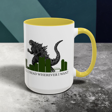 Load image into Gallery viewer, Funny Godzilla Parody Mug – “I’ll Tread Wherever I Want” – Gadsden Flag Spoof Coffee Mug, 15 oz Ceramic, Double-Sided Print
