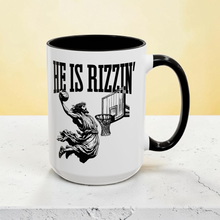 Load image into Gallery viewer, Funny Basketball Mug – “He Is Rizzin’” – Jesus Playing Basketball Coffee Mug, 15 oz Ceramic, Double-Sided Print
