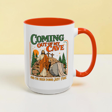 Load image into Gallery viewer, Funny Jesus Mug – “Coming Out of My Cave and I’ve Been Doing Just Fine” – Resurrection Humor Coffee Mug, 15 oz Ceramic, Double-Sided Print
