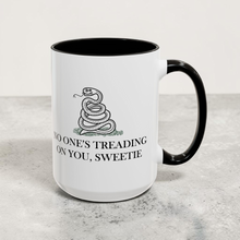 Load image into Gallery viewer, Funny Snake Parody Mug – “No One Is Treading on You, Sweetie” – Gadsden Flag Spoof Coffee Mug, 15 oz Ceramic, Double-Sided Print
