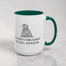Load image into Gallery viewer, Funny Snake Parody Mug – “No One Is Treading on You, Sweetie” – Gadsden Flag Spoof Coffee Mug, 15 oz Ceramic, Double-Sided Print

