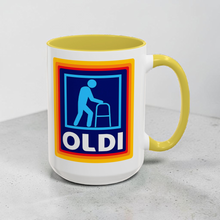Load image into Gallery viewer, Funny Grocery Store Mug – “OLDI” – Aldi Parody Coffee Mug with Walker, 15 oz Ceramic, Double-Sided Print
