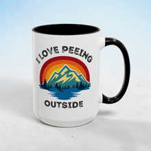 Load image into Gallery viewer, Funny Hiking Mug – “I Love Peeing Outside” – Mountain Adventure Coffee Mug, 15 oz Ceramic, Double-Sided Print
