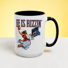 Load image into Gallery viewer, Funny Basketball Mug – “He Is Rizzin’” – Full Color Jesus Playing Basketball Coffee Mug, 15 oz Ceramic, Double-Sided Print
