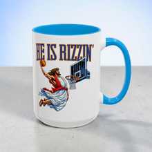 Load image into Gallery viewer, Funny Basketball Mug – “He Is Rizzin’” – Full Color Jesus Playing Basketball Coffee Mug, 15 oz Ceramic, Double-Sided Print
