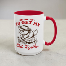 Load image into Gallery viewer, Funny Cat Mug – “On My Way to Get My Shit Together” – Cat Riding Turtle Coffee Mug, 15 oz Ceramic, Double-Sided Print
