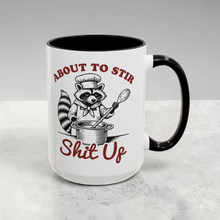 Load image into Gallery viewer, Funny Raccoon Mug – “About to Stir Shit Up” – Mischievous Raccoon Coffee Mug, 15 oz Ceramic, Double-Sided Print
