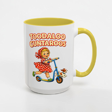 Load image into Gallery viewer, Funny Retro Mug – “Toodaloo Cuntaroos” – Vintage Girl Scooter Dog Coffee Mug, 15 oz Ceramic, Double-Sided Print
