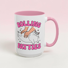 Load image into Gallery viewer, Funny Cat Mug – “Rolling Fatties” – Chubby Cat Humor Coffee Mug, 15 oz Ceramic, Double-Sided Print
