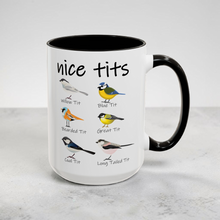 Load image into Gallery viewer, Funny Bird Mug – “Nice Tits” – Bird Pun Coffee Mug with Various Birds, 15 oz Ceramic, Double-Sided Print
