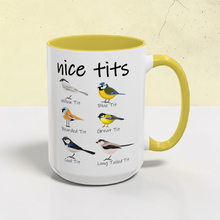 Load image into Gallery viewer, Funny Bird Mug – “Nice Tits” – Bird Pun Coffee Mug with Various Birds, 15 oz Ceramic, Double-Sided Print
