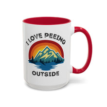 Load image into Gallery viewer, Funny Hiking Mug – “I Love Peeing Outside” – Mountain Adventure Coffee Mug, 15 oz Ceramic, Double-Sided Print
