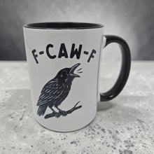 Load and play video in Gallery viewer, Funny Crow Mug – “F-Caw-F” – Sarcastic Bird Pun Coffee Mug, 15 oz Ceramic, Double-Sided Print
