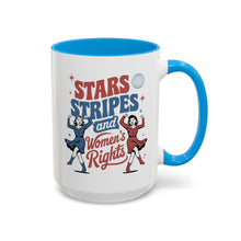 Load image into Gallery viewer, 4th of July Feminist Mug – “Stars Stripes &amp; Women’s Rights” – Retro Cowgirl Coffee Mug, 15 oz Ceramic, Double-Sided Print
