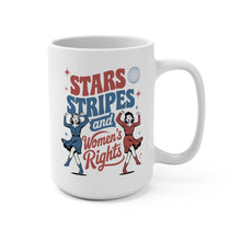Load image into Gallery viewer, 4th of July Feminist Mug – “Stars Stripes &amp; Women’s Rights” – Retro Cowgirl Coffee Mug, 15 oz Ceramic, Double-Sided Print

