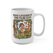 Load image into Gallery viewer, Funny Retro Mug – “What a F’d Up Time to Be Alive” – Vintage Girl Woodland Scene Coffee Mug, 15 oz Ceramic, Double-Sided Print
